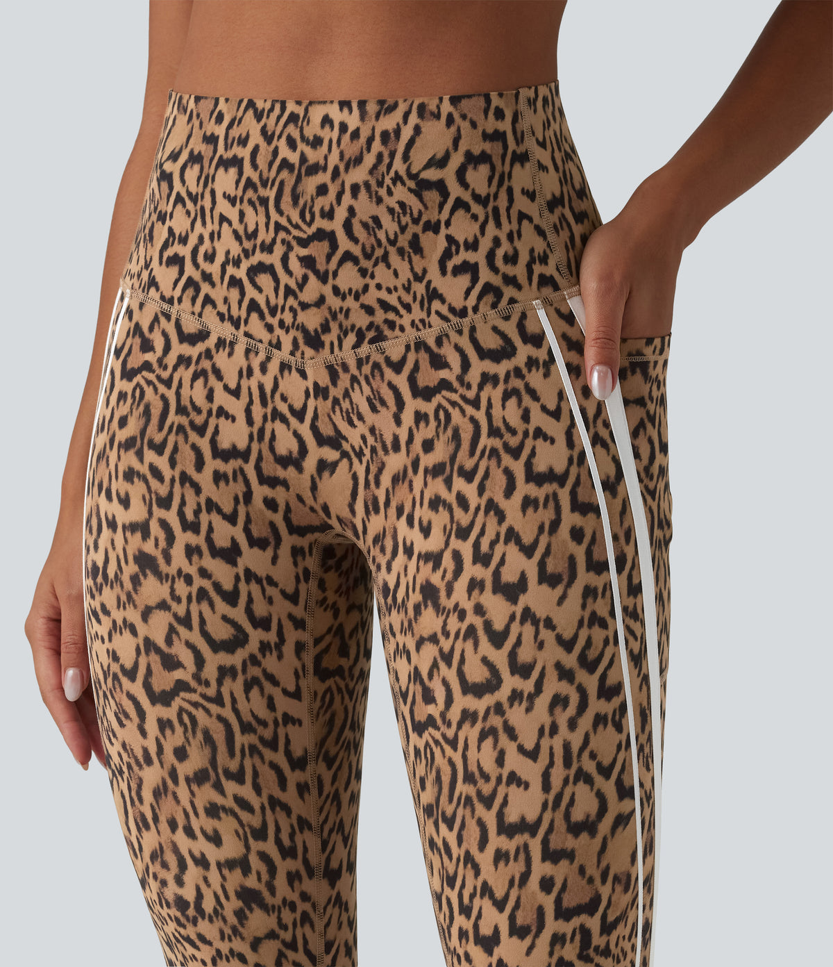 Leopard Print High Waisted Tummy Control Color Block Stripe Pedal Pusher Training Leggings with Pockets — Tan Leopard — view 6
