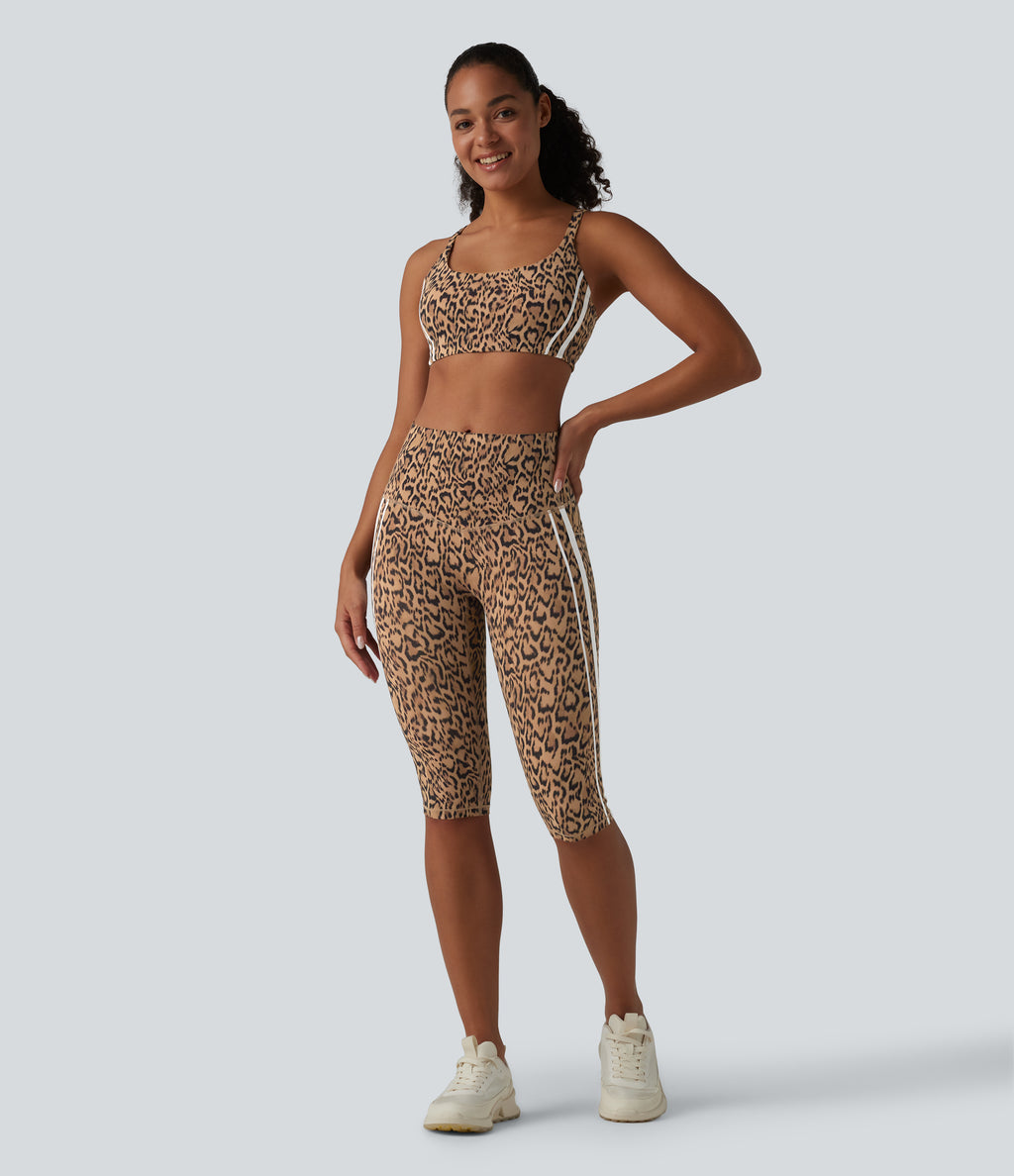 Leopard Print High Waisted Tummy Control Color Block Stripe Pedal Pusher Training Leggings with Pockets — Tan Leopard — view 7