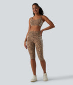 Leopard Print High Waisted Tummy Control Color Block Stripe Pedal Pusher Training Leggings with Pockets — Tan Leopard — view 7