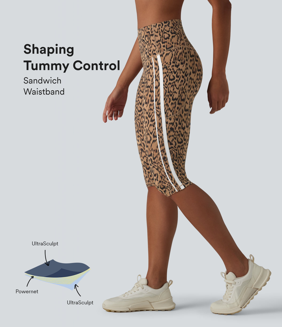 Leopard Print High Waisted Tummy Control Color Block Stripe Pedal Pusher Training Leggings with Pockets — Tan Leopard — view 1