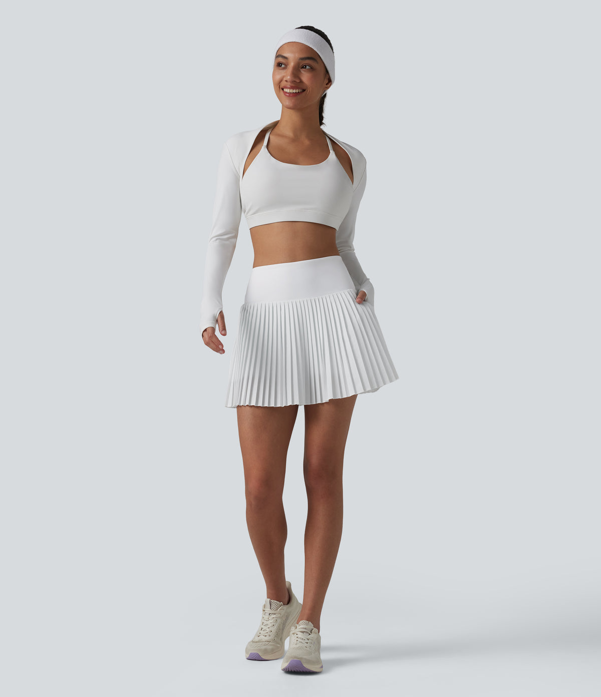 High Waisted 2-in-1 Pleated Quick Dry Mini Tennis Skirt with Pockets — White — view 7