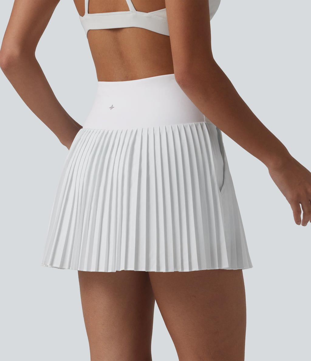 High Waisted 2-in-1 Pleated Quick Dry Mini Tennis Skirt with Pockets — White — view 2