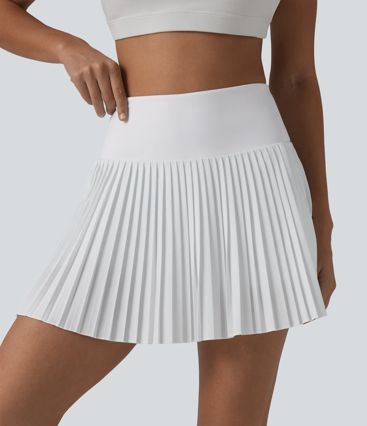 High Waisted 2-in-1 Pleated Quick Dry Mini Tennis Skirt with Pockets — White — view 1