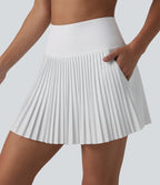 High Waisted 2-in-1 Pleated Quick Dry Mini Tennis Skirt with Pockets — White — view 6