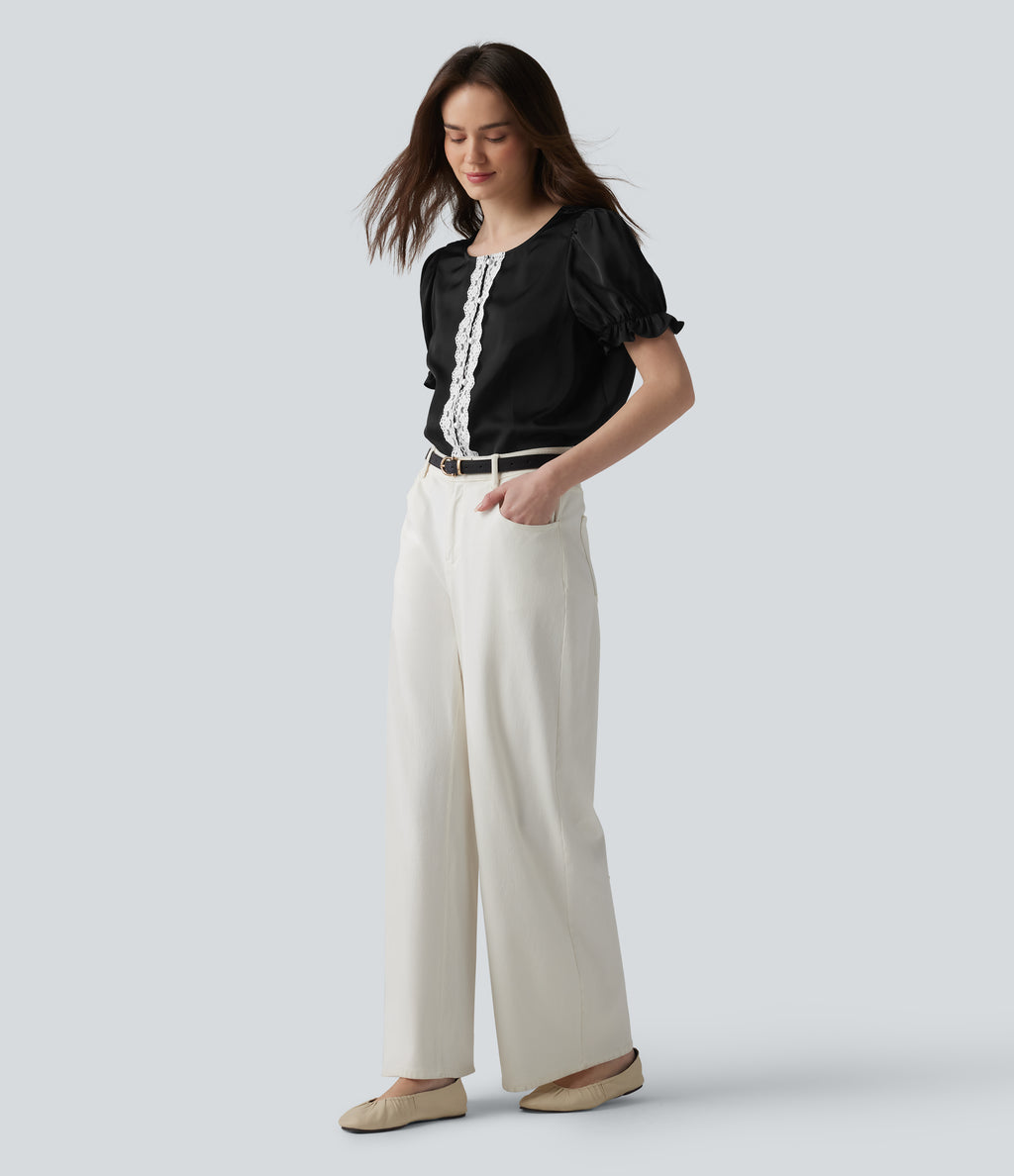 Round Neck Puff Short Sleeve Contrast Lace Casual Blouse — Black — view 6