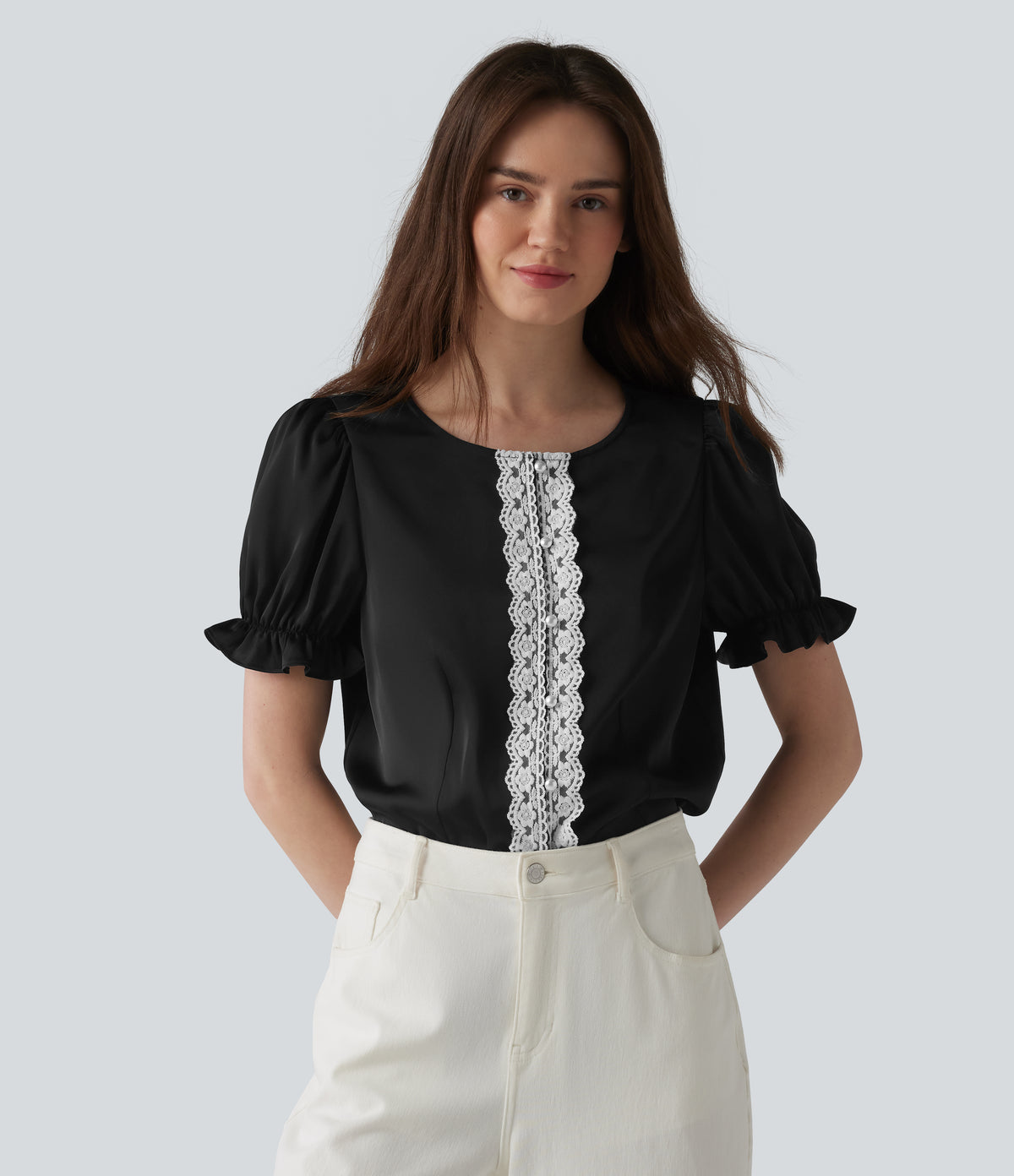 Round Neck Puff Short Sleeve Contrast Lace Casual Blouse — Black — view 5