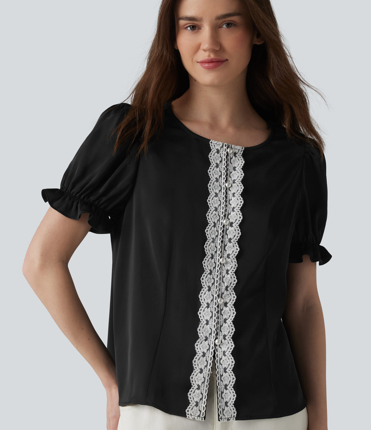 Round Neck Puff Short Sleeve Contrast Lace Casual Blouse — Black — view 1
