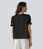 Round Neck Puff Short Sleeve Contrast Lace Casual Blouse — Black — view 2