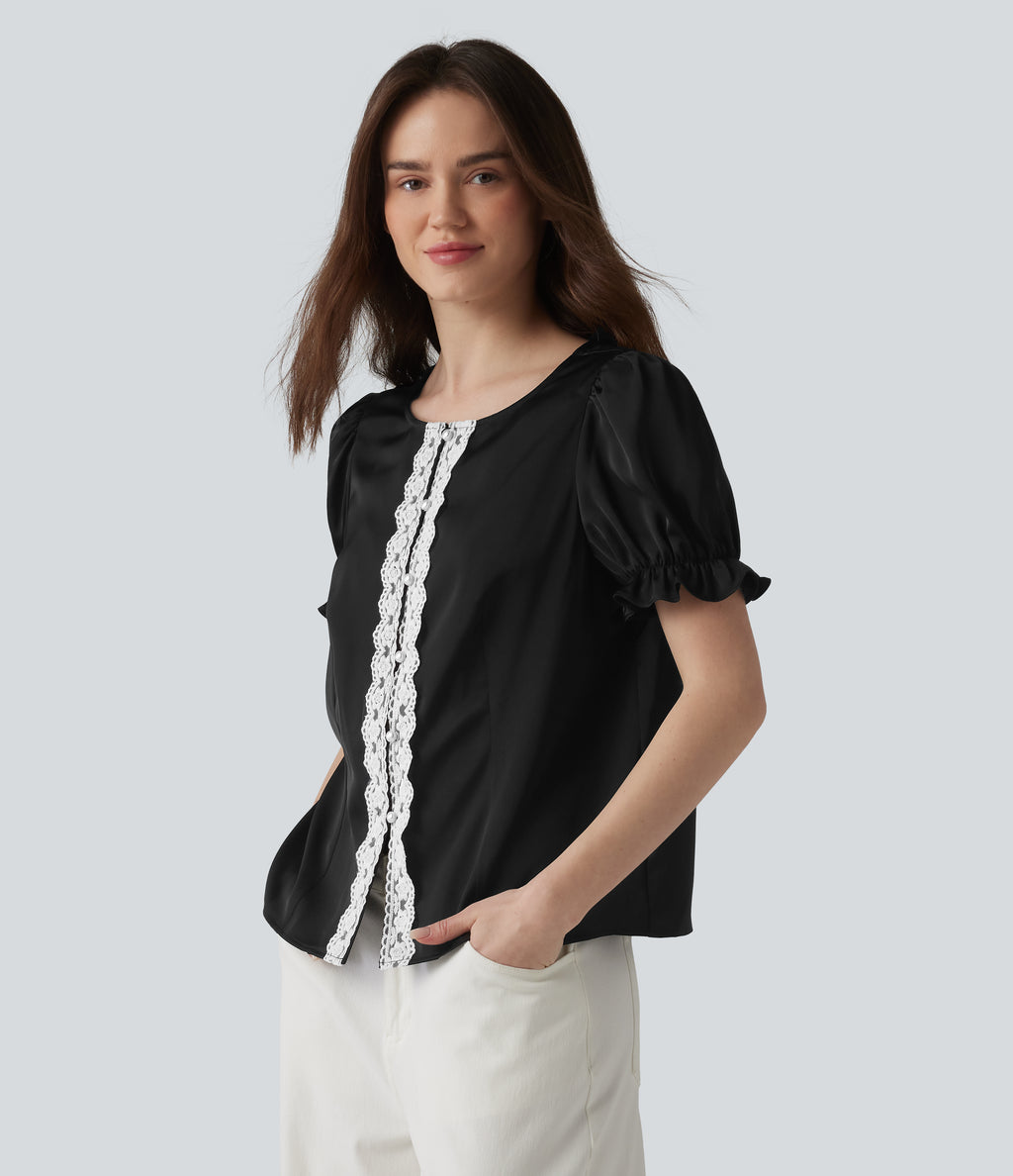 Round Neck Puff Short Sleeve Contrast Lace Casual Blouse — Black — view 4