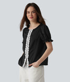 Round Neck Puff Short Sleeve Contrast Lace Casual Blouse — Black — view 4