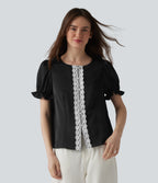 Round Neck Puff Short Sleeve Contrast Lace Casual Blouse — Black — view 3