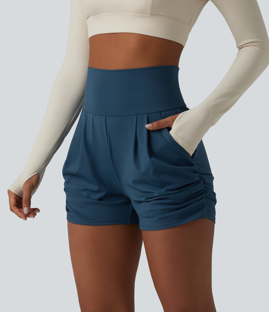 Airy High Waisted Ruched InstantCool Yoga Shorts 3'' with Pockets — Majolica Blue — view 6
