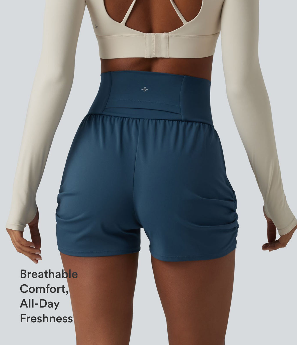 Airy High Waisted Ruched InstantCool Yoga Shorts 3'' with Pockets — Majolica Blue — view 4