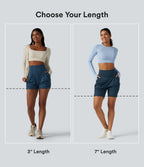 Airy High Waisted Ruched InstantCool Yoga Shorts 3'' with Pockets — Majolica Blue — view 2