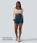 Airy High Waisted Ruched InstantCool Yoga Shorts 3'' with Pockets — Majolica Blue — view 3