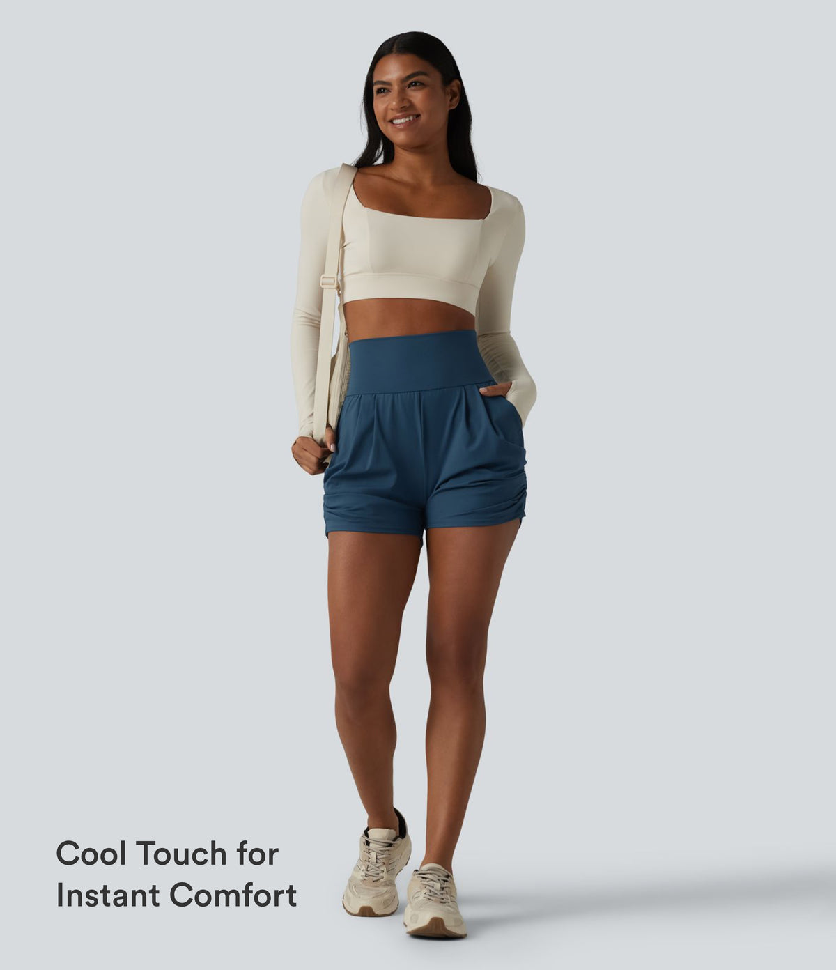 Airy High Waisted Ruched InstantCool Yoga Shorts 3'' with Pockets — Majolica Blue — view 3