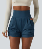 Airy High Waisted Ruched InstantCool Yoga Shorts 3'' with Pockets — Majolica Blue — view 1