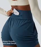 Airy High Waisted Ruched InstantCool Yoga Shorts 3'' with Pockets — Majolica Blue — view 5
