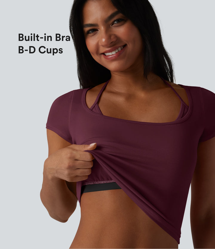 Ribbed Halter Tie Back Built-in Bra Short Sleeve Cropped Casual T-Shirt — Maroon Banner — view 1