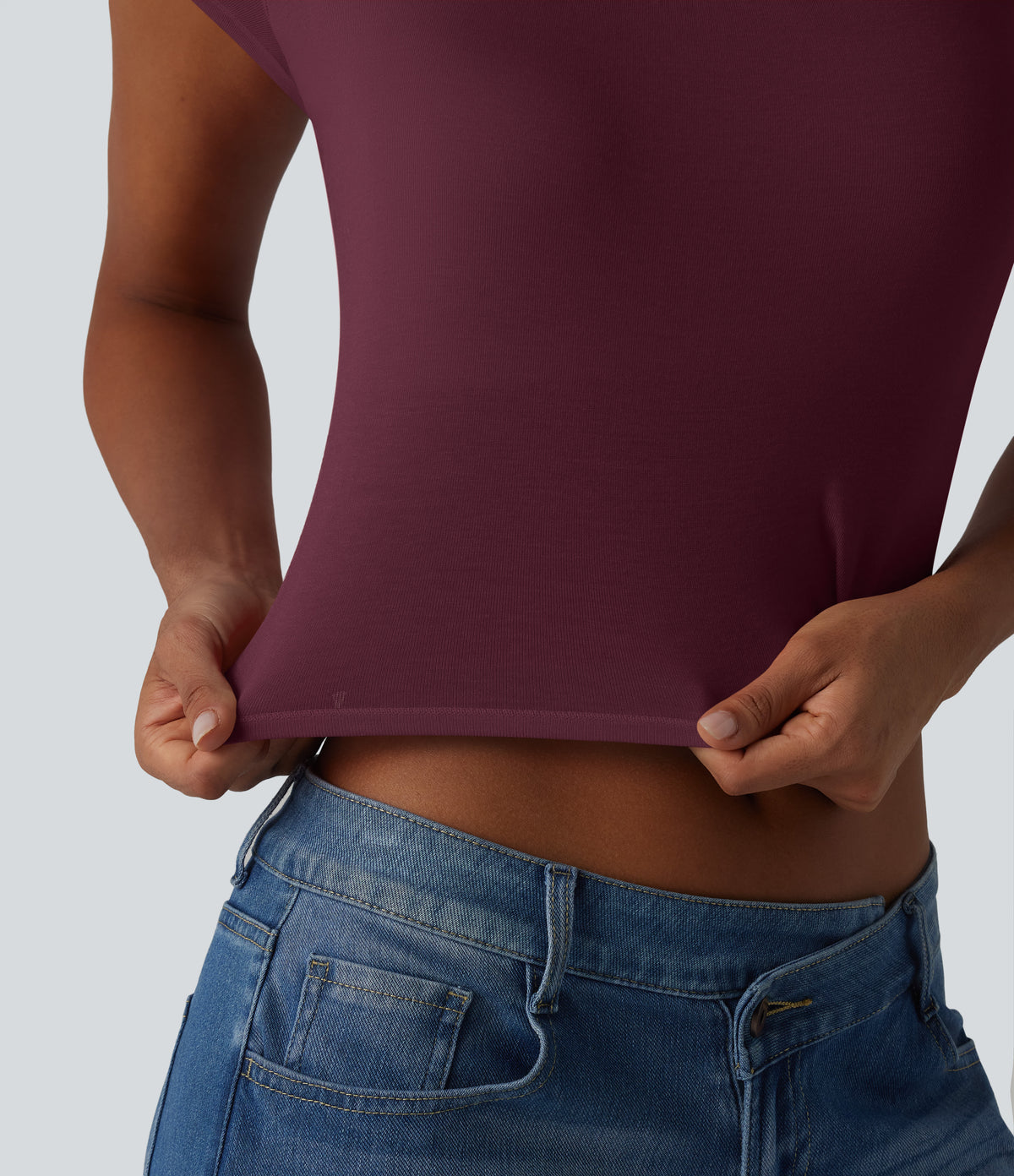 Ribbed Halter Tie Back Built-in Bra Short Sleeve Cropped Casual T-Shirt — Maroon Banner — view 7