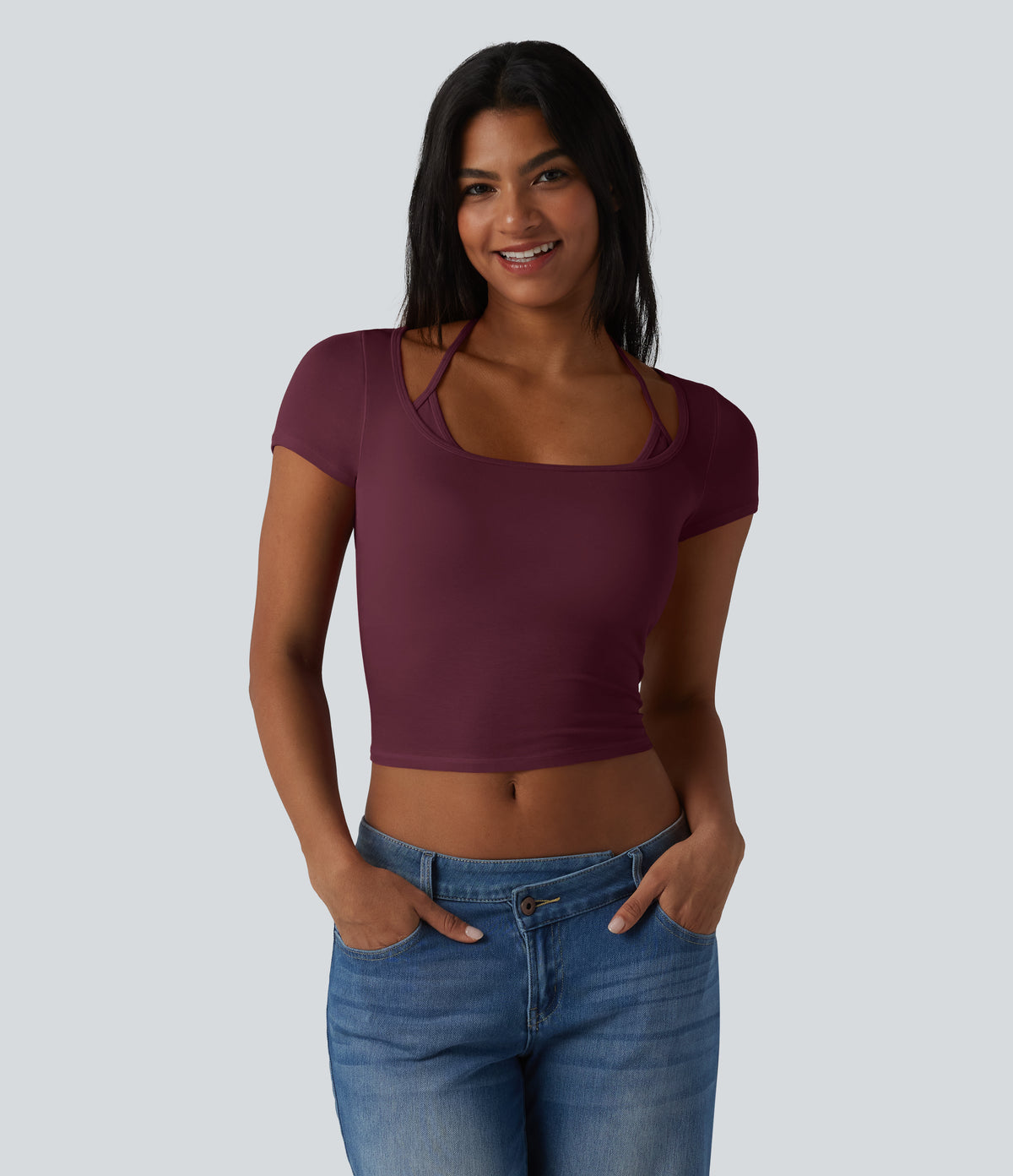 Ribbed Halter Tie Back Built-in Bra Short Sleeve Cropped Casual T-Shirt — Maroon Banner — view 4