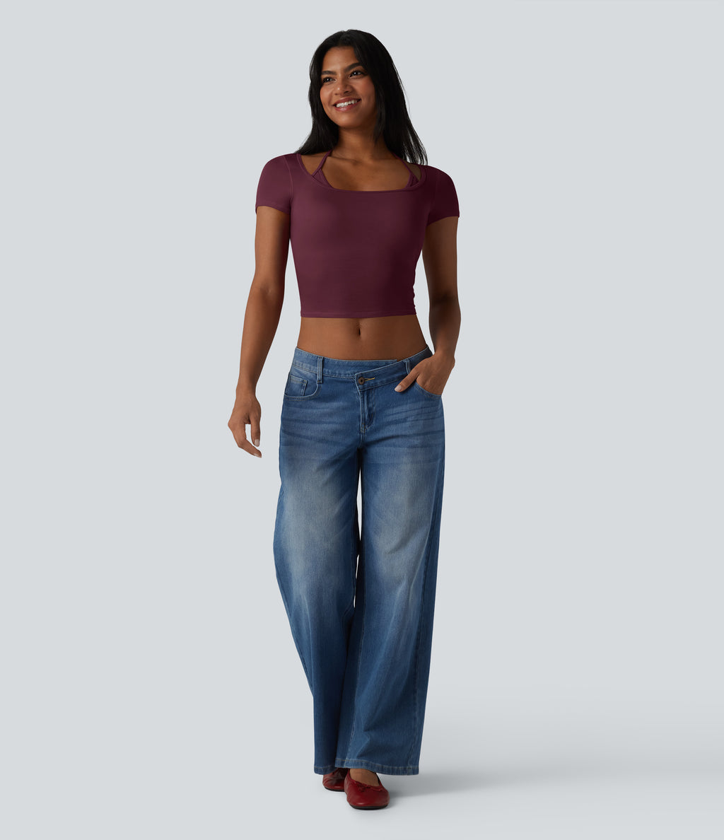 Ribbed Halter Tie Back Built-in Bra Short Sleeve Cropped Casual T-Shirt — Maroon Banner — view 8