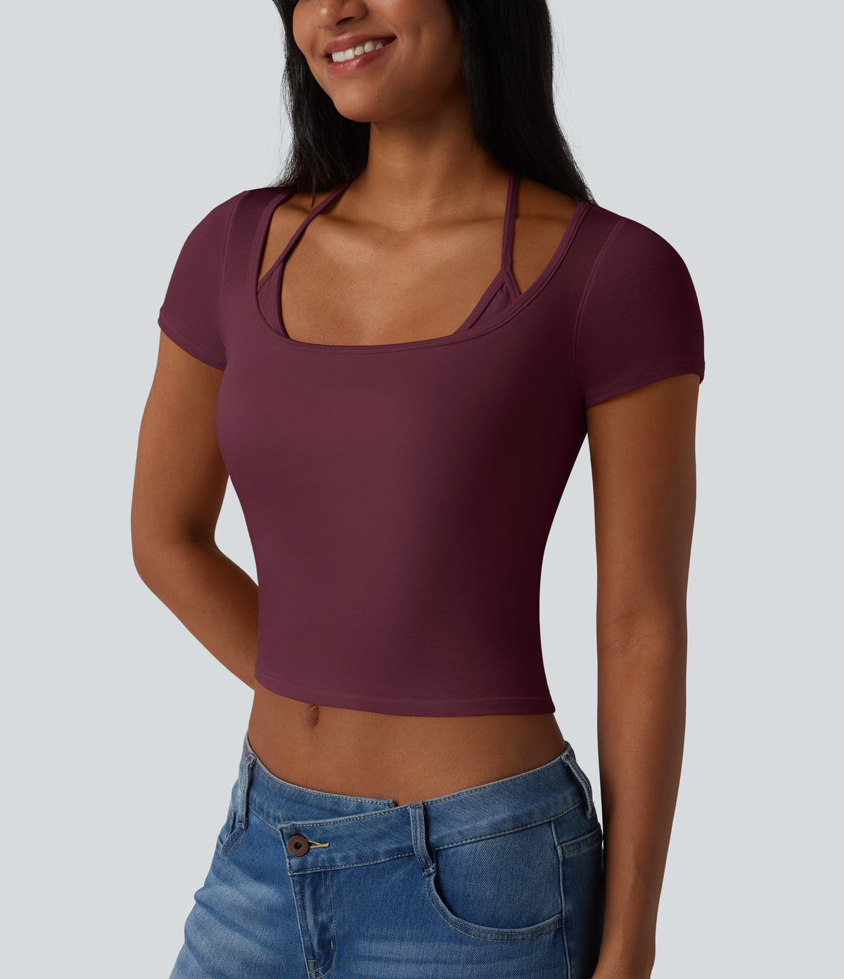 Ribbed Halter Tie Back Built-in Bra Short Sleeve Cropped Casual T-Shirt — Maroon Banner — view 6