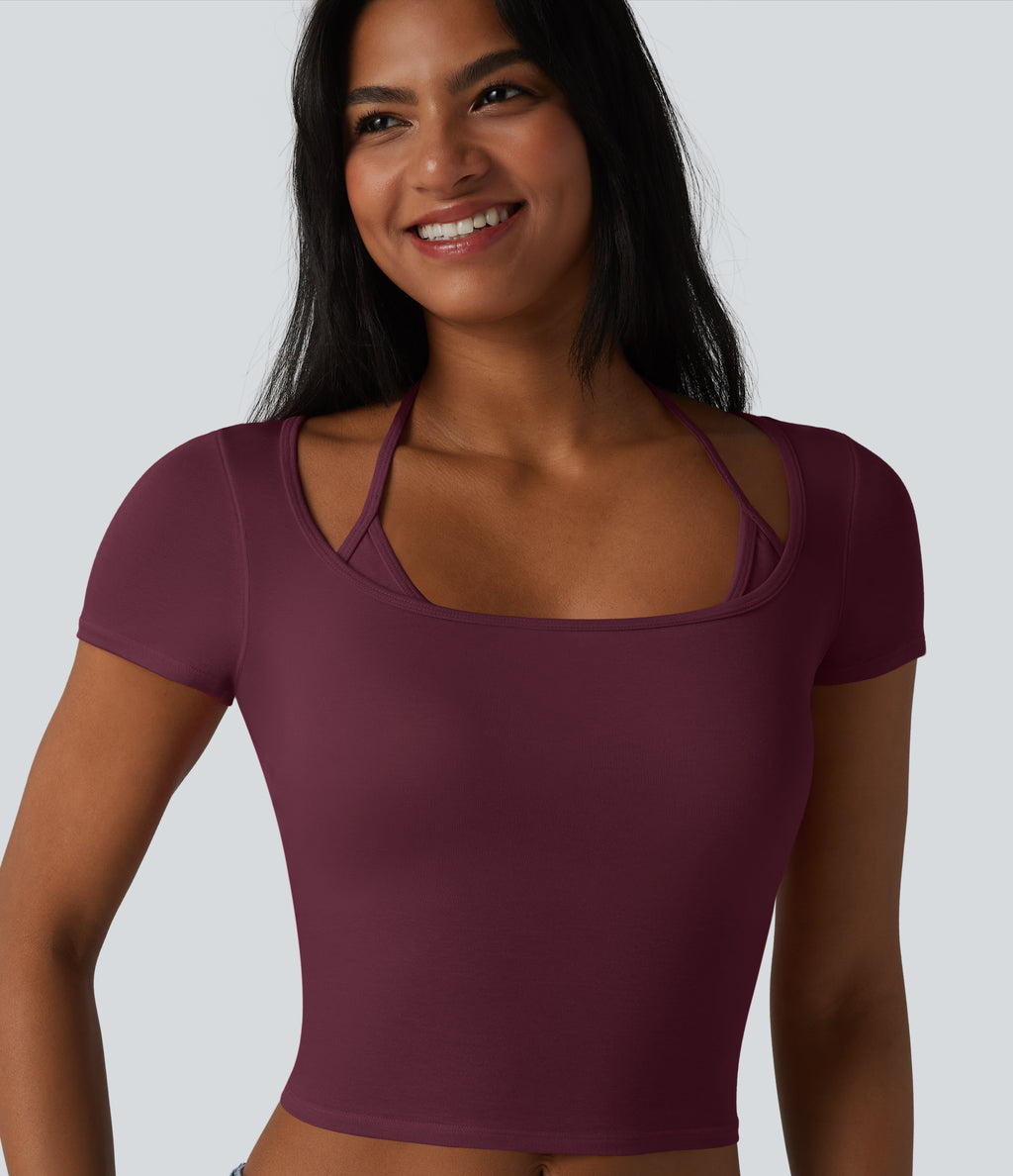 Ribbed Halter Tie Back Built-in Bra Short Sleeve Cropped Casual T-Shirt — Maroon Banner — view 5