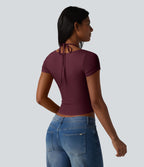Ribbed Halter Tie Back Built-in Bra Short Sleeve Cropped Casual T-Shirt — Maroon Banner — view 2