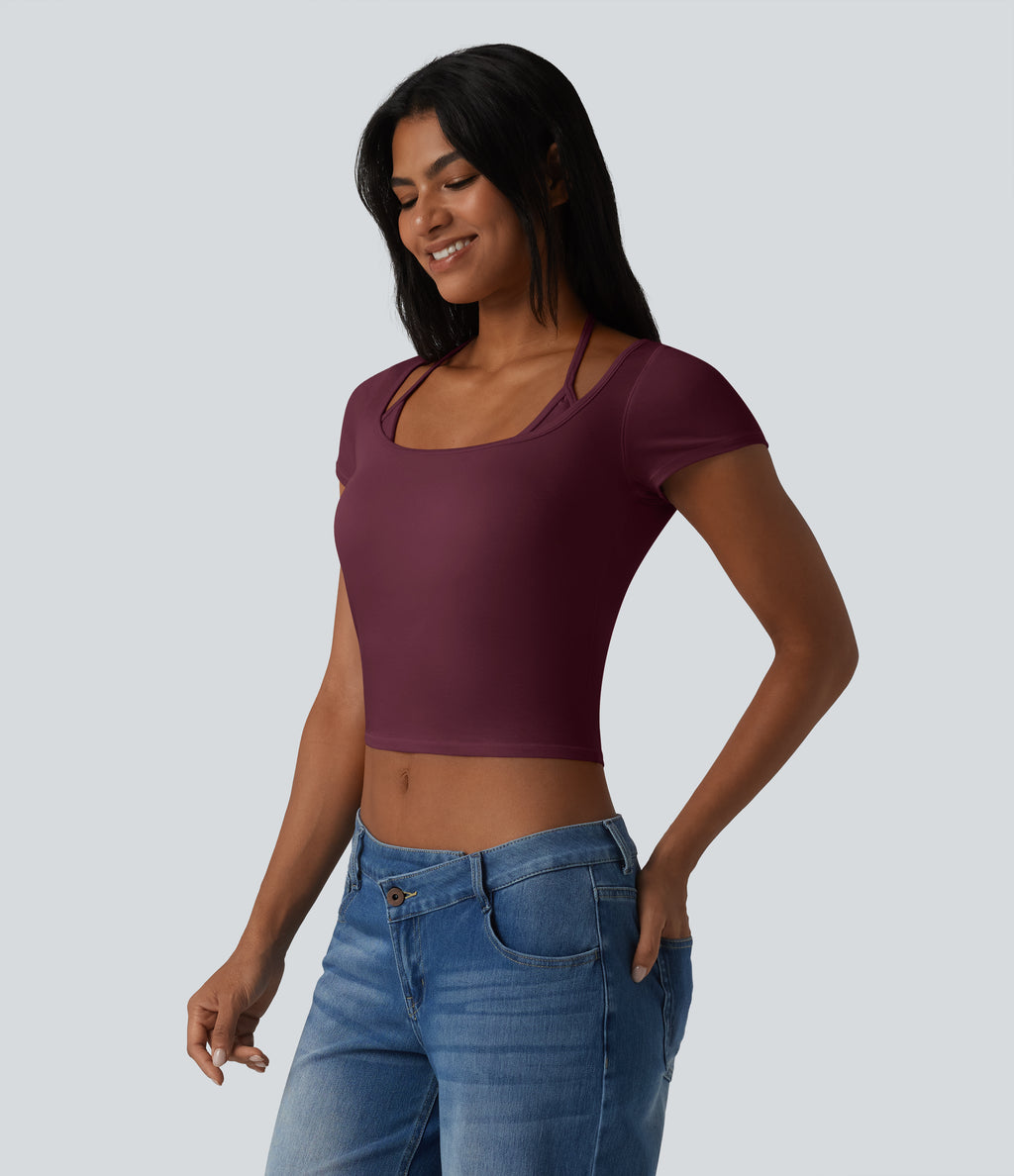Ribbed Halter Tie Back Built-in Bra Short Sleeve Cropped Casual T-Shirt — Maroon Banner — view 3