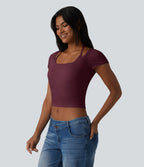 Ribbed Halter Tie Back Built-in Bra Short Sleeve Cropped Casual T-Shirt — Maroon Banner — view 3