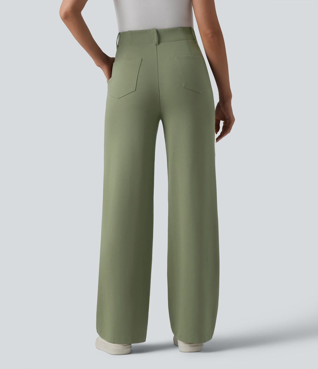 High Waisted Work Straight Leg Trousers with Pockets — Oil Green — view 2