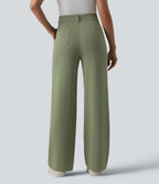 High Waisted Work Straight Leg Trousers with Pockets — Oil Green — view 2