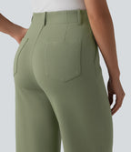 High Waisted Work Straight Leg Trousers with Pockets — Oil Green — view 5