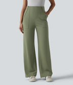 High Waisted Work Straight Leg Trousers with Pockets — Oil Green — view 3
