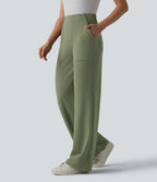 High Waisted Work Straight Leg Trousers with Pockets — Oil Green — view 1