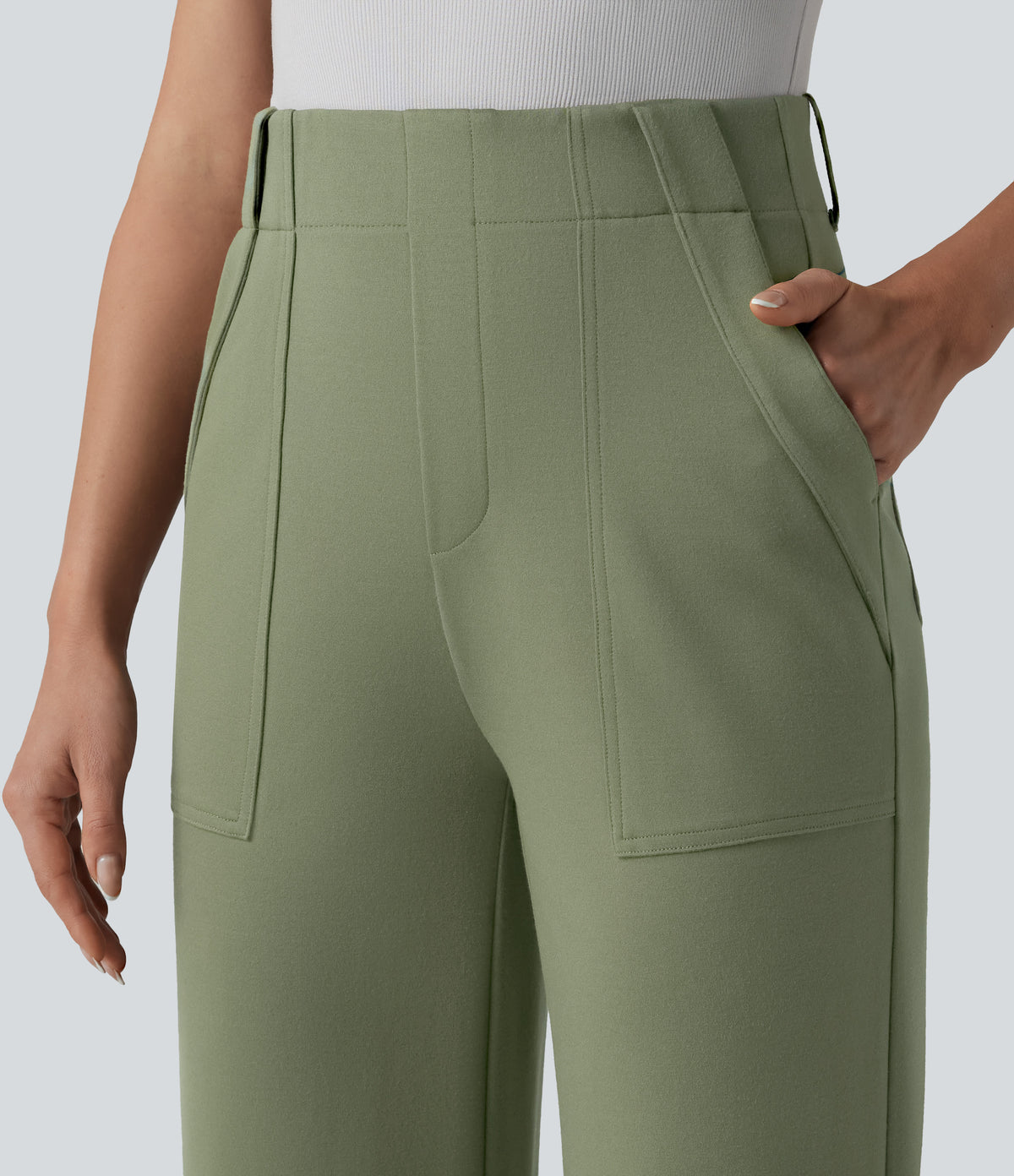 High Waisted Work Straight Leg Trousers with Pockets — Oil Green — view 4