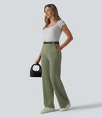 High Waisted Work Straight Leg Trousers with Pockets — Oil Green — view 6