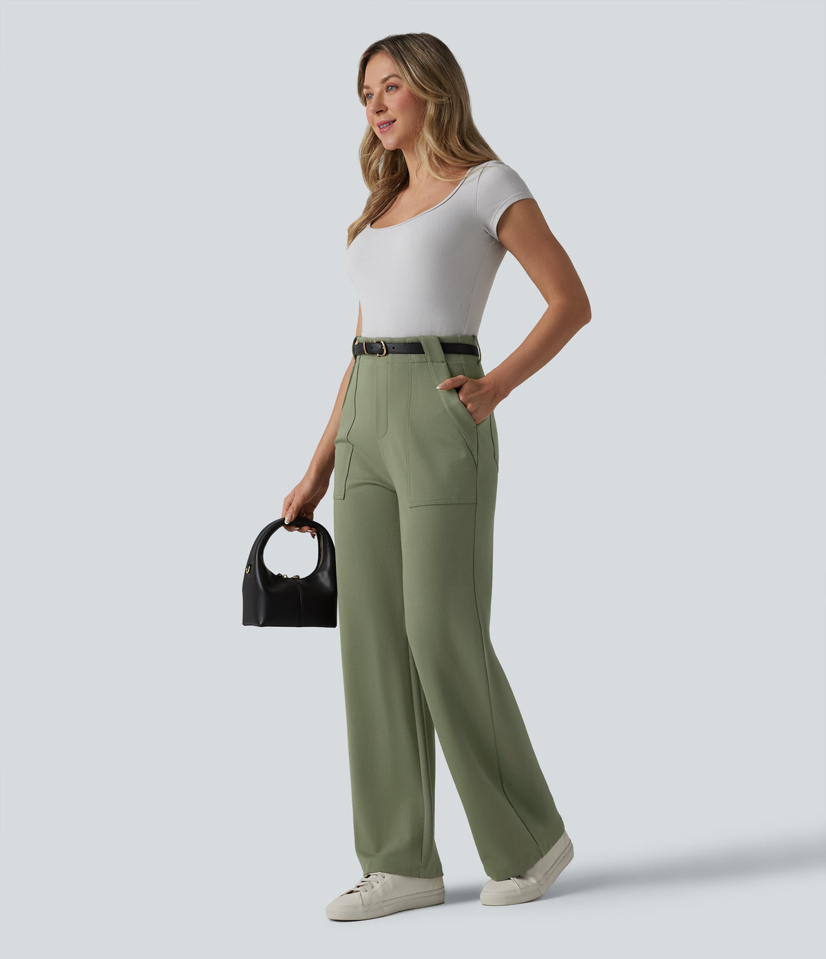 High Waisted Work Straight Leg Trousers with Pockets — Oil Green — view 6
