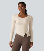 HeatCore Round Neck Long Sleeve Asymmetric Hem Workout Warming Top — Whitecap Gray — view 5