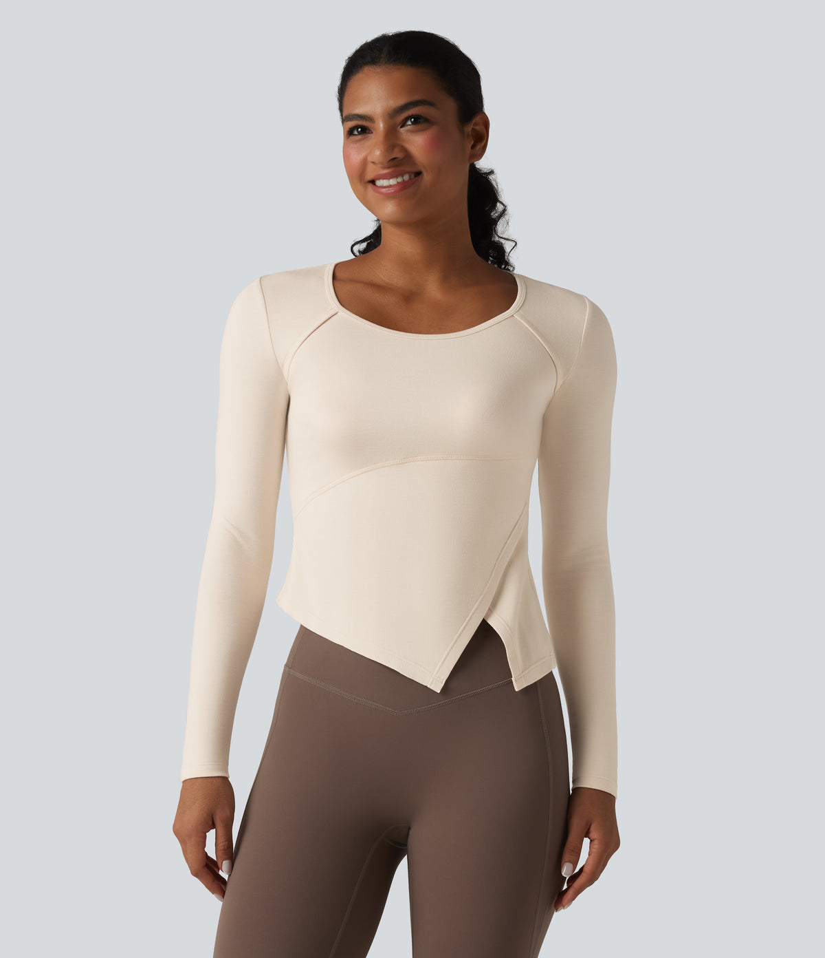 HeatCore Round Neck Long Sleeve Asymmetric Hem Workout Warming Top — Whitecap Gray — view 5