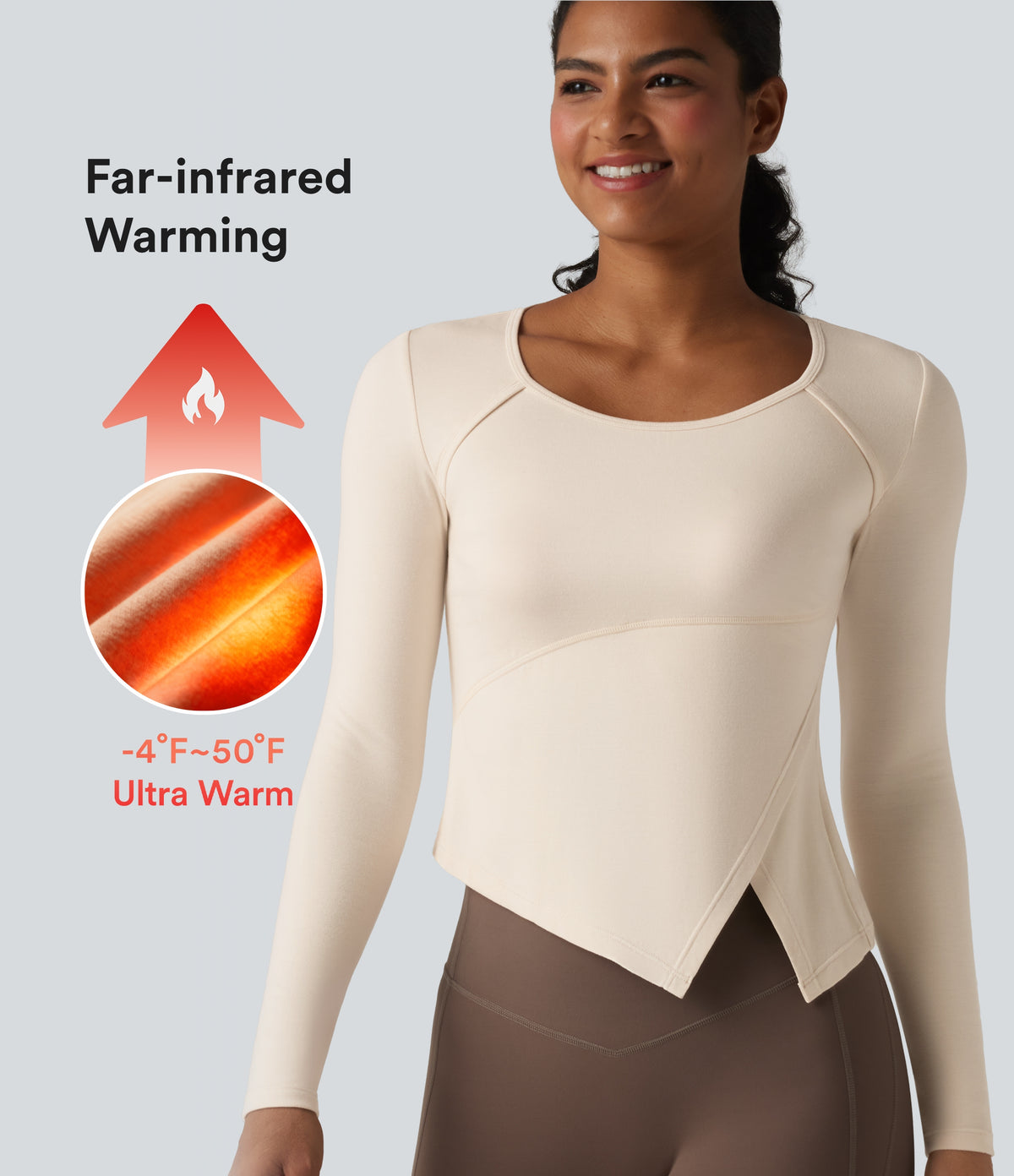 HeatCore Round Neck Long Sleeve Asymmetric Hem Workout Warming Top — Whitecap Gray — view 1