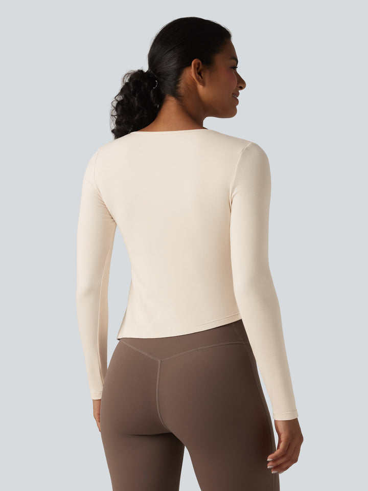 HeatCore Round Neck Long Sleeve Asymmetric Hem Workout Warming Top — Whitecap Gray — view 3