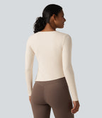HeatCore Round Neck Long Sleeve Asymmetric Hem Workout Warming Top — Whitecap Gray — view 3