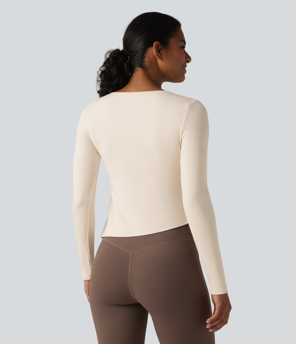 HeatCore Round Neck Long Sleeve Asymmetric Hem Workout Warming Top — Whitecap Gray — view 3