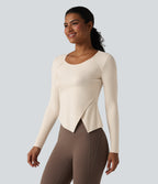 HeatCore Round Neck Long Sleeve Asymmetric Hem Workout Warming Top — Whitecap Gray — view 4