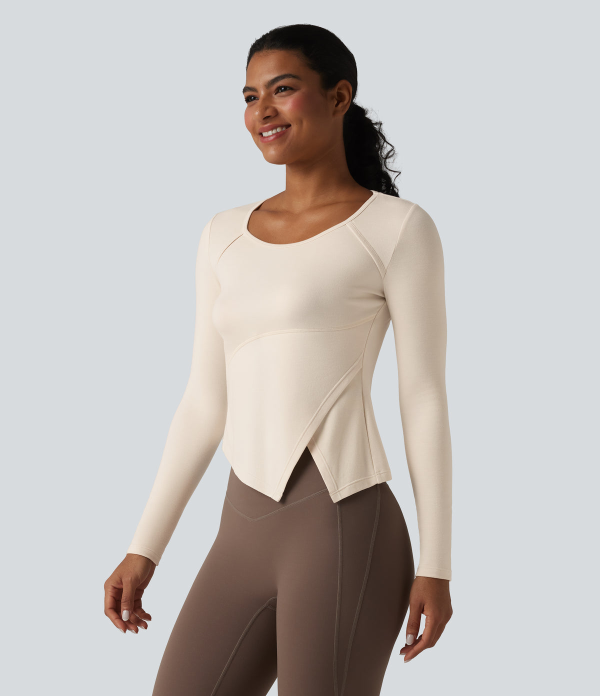 HeatCore Round Neck Long Sleeve Asymmetric Hem Workout Warming Top — Whitecap Gray — view 4
