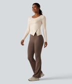 HeatCore Round Neck Long Sleeve Asymmetric Hem Workout Warming Top — Whitecap Gray — view 7