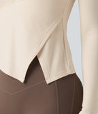 HeatCore Round Neck Long Sleeve Asymmetric Hem Workout Warming Top — Whitecap Gray — view 6