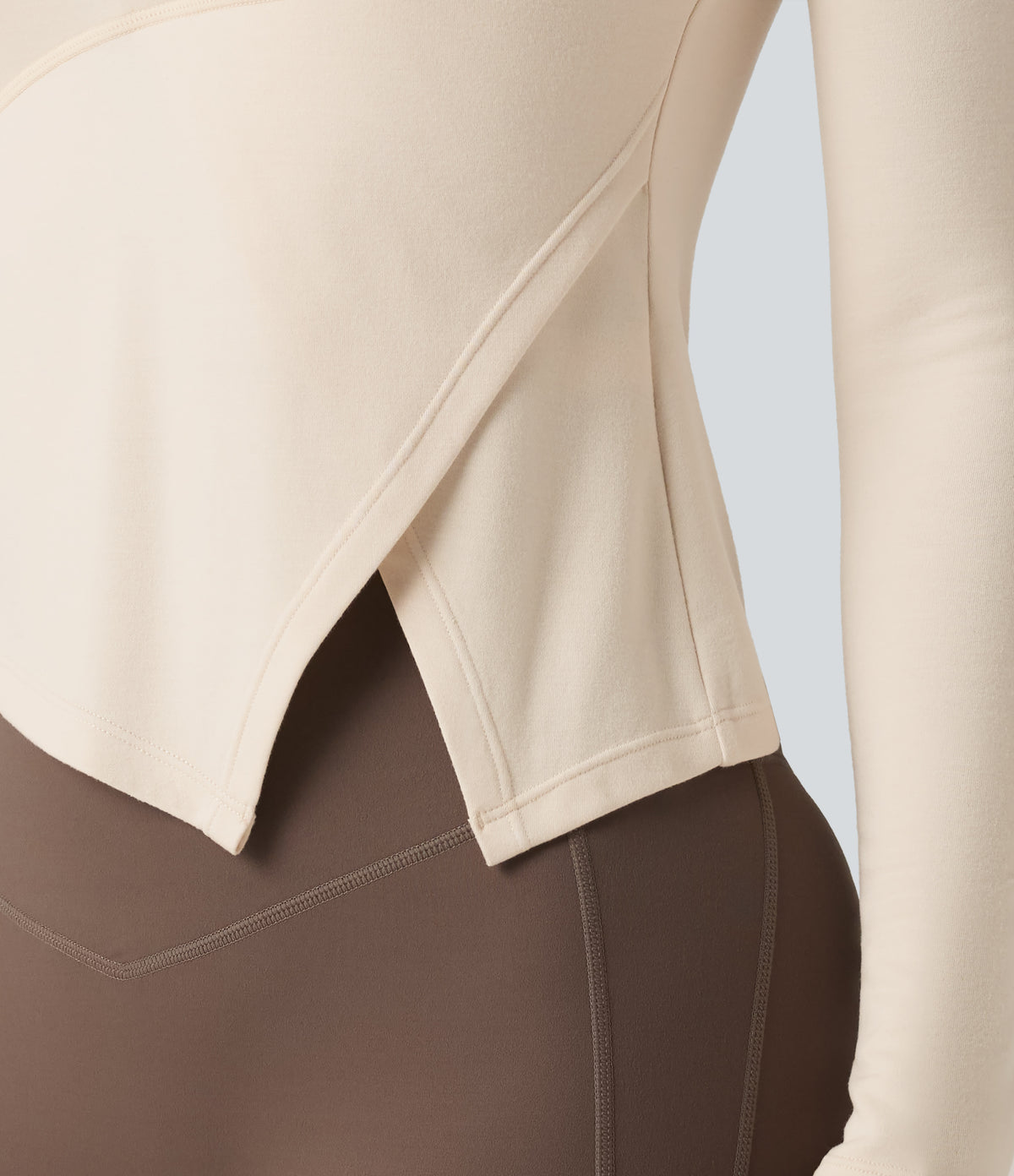 HeatCore Round Neck Long Sleeve Asymmetric Hem Workout Warming Top — Whitecap Gray — view 6